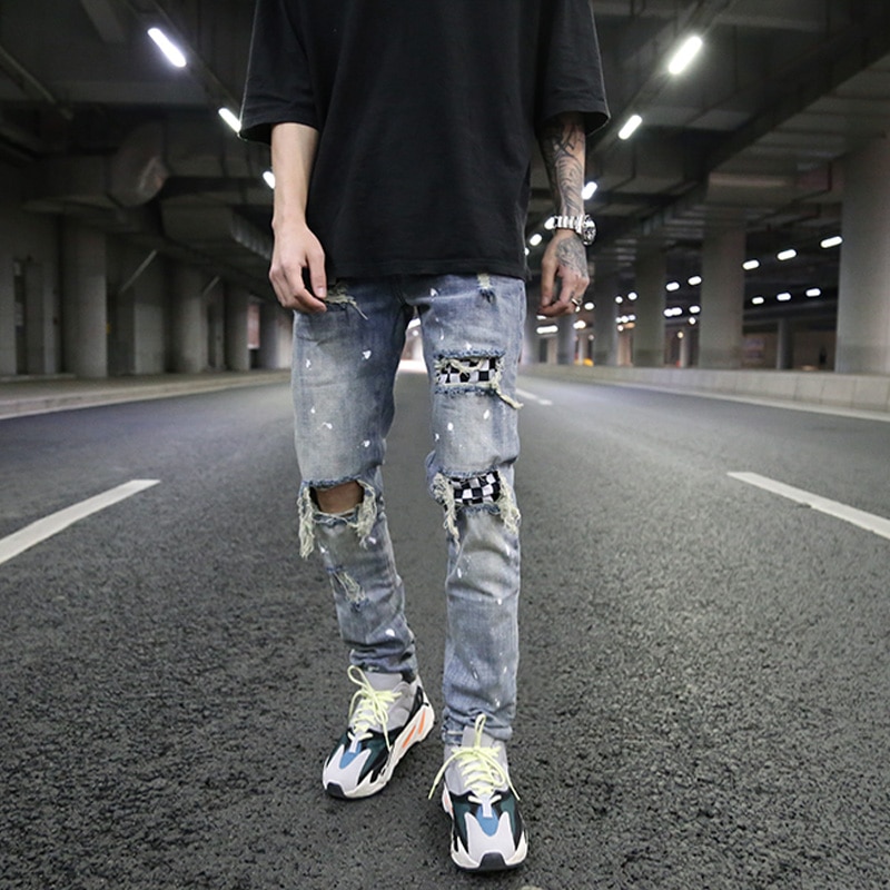 Pantalones vaqueros a la para hombre con agujeros en la rodilla de retazos a cuadros rasgados nuevos pantalones con cremallera Hip Hop