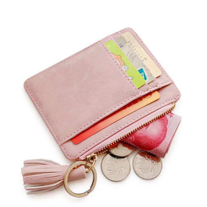 Matt Leather Mini Tassel Women Card Holder Cute Credit ID Card Holders Zipper Wallet Case Change Coin Purse Keychain Nubuck