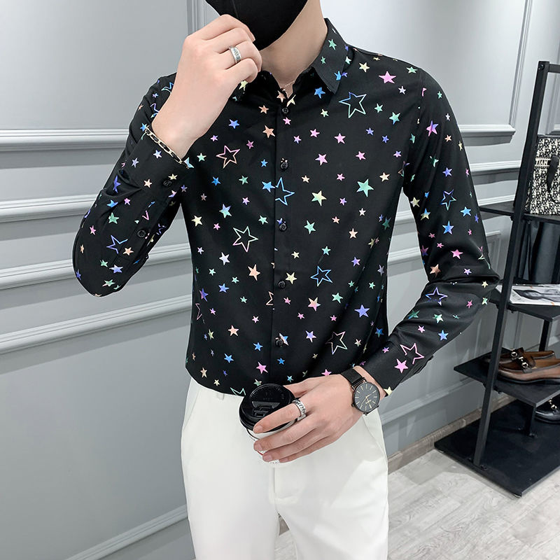 Camisa de manga larga con estampado de estrellas para Hombre, ropa ajustada para y Club, color blanco, 4xl: Black / Korean 4XL 77-84kg