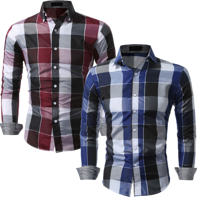 Men Slim Fit Shirts Long Sleeve Cotton Plaid Tee Shirts Casual Chemise Homme Mens Checkered Casual Handsome Men Blouse