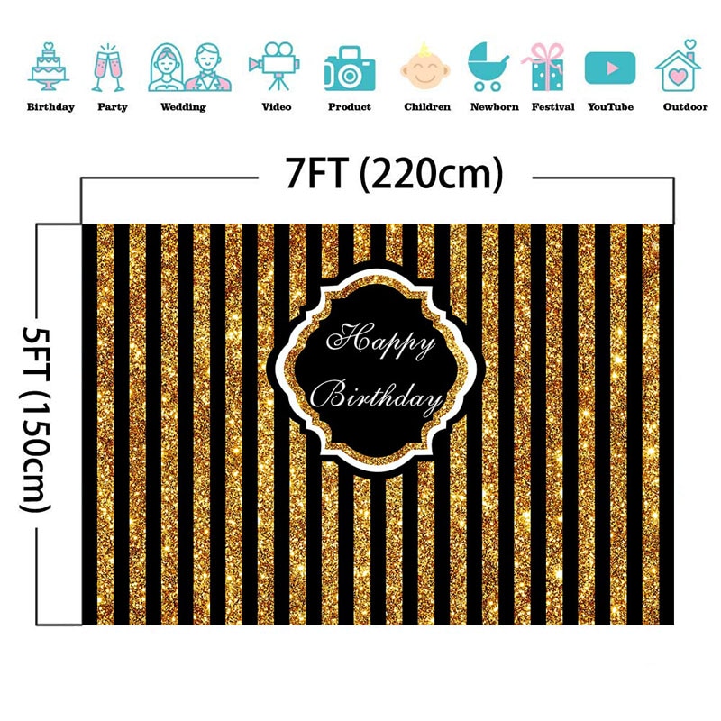 NeoBack Happy Birthday Backdrop Black and Golden Stripe Birthday Photo Background Custom Wording Vinyl Photography Backdrops