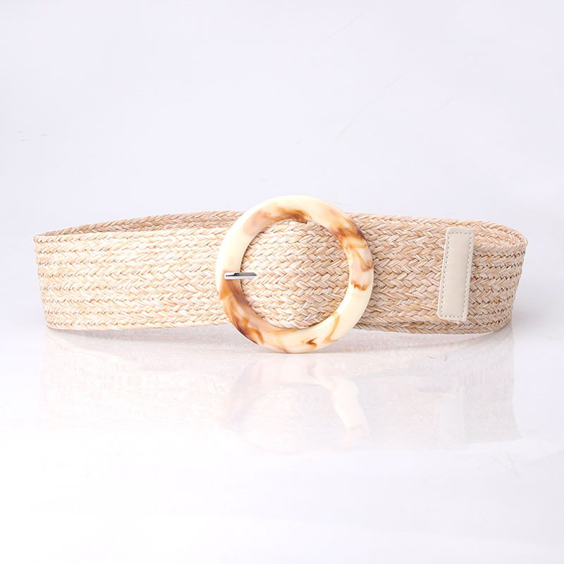 Summer Women Braided Elastic Belt Round Resin Buckle Vintage Bohe Straw Buckle Belt Dress Shirt Dress Belt Female Knitted Belt: Beige