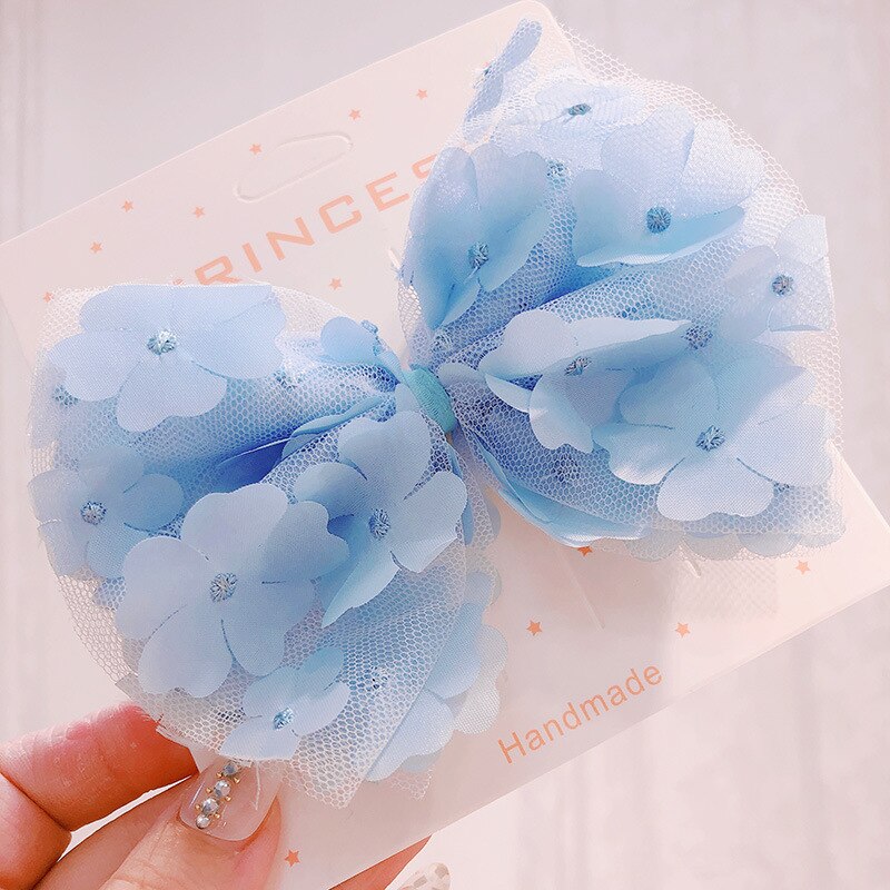 Mooie 3D Opknoping Bloem Mesh Hair Bows Kleurrijke Gradient Regenboog Kleur Haar Clip Prinses Haarspelden Hairbow Haaraccessoires: blue 2