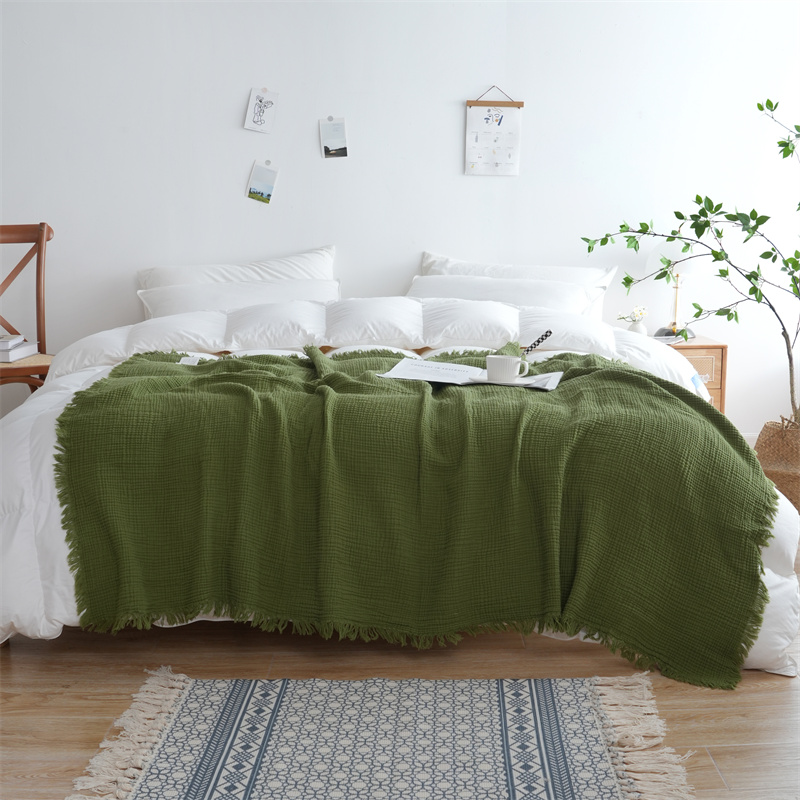 Decke aus 100 % Baumwolle, garngefärbt, Schal, Quasten-Stil, karierte Jacquard-Decken, hautfreundliches Bettwäsche, hochwertiges , Cobertor: Königin / Gelb