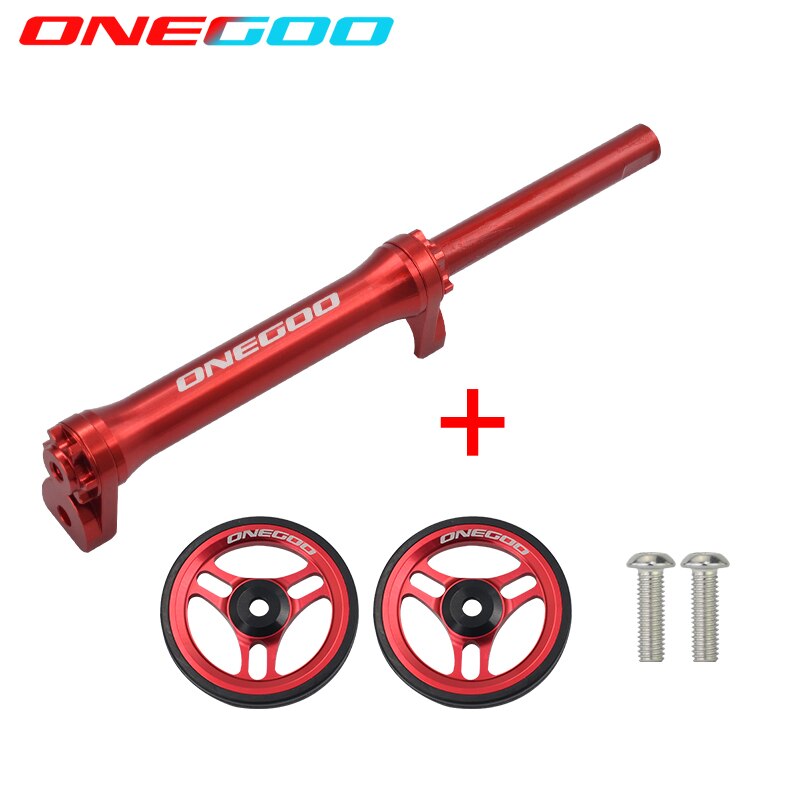 ONEGOO Easy Push Wheel Telescopic Rod for Brompton 349 Folding Bike Aluminum Alloy Trolley Bicycle Easy Wheel Bearing Wheel Rod: 3-claws Red set