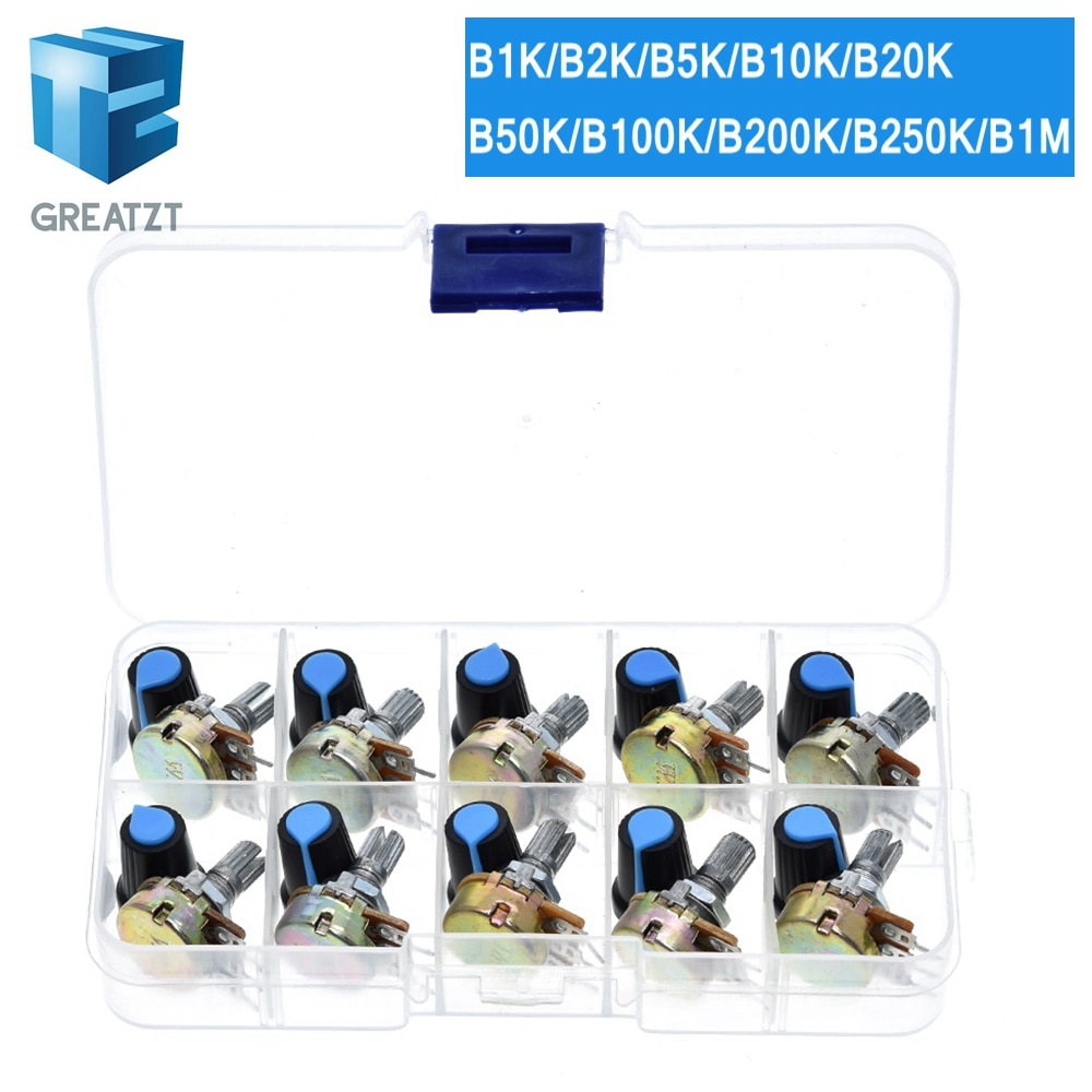 WH148 Potentiometer Kit B1K 2K 5K 10K 20K 50K 100K 500K 1M 15mm Linear Taper Rotary Potentiometer Resistor Set 3pin With Cap