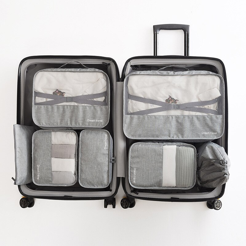 7 teile/satz Reise Organizer Würfel Kompression Beutel Wasserdicht Gittergewebe Langlebig Gepäck Veranstalter Verpackung Würfel Mit Schuh machen-hoch Tasche: grau