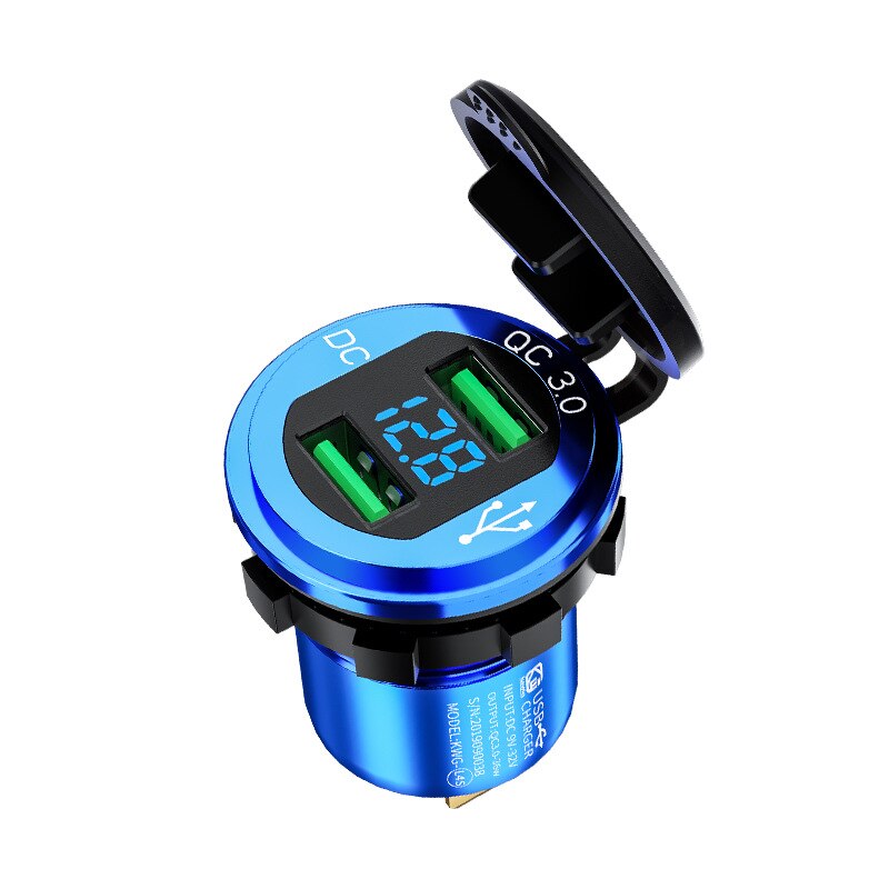 Quick Charge 3.0 Dual USB Charger Socket Waterproof Aluminum Power Outlet Fast Charge with LED Voltmeter for 12V/24V Car Boat: Blue