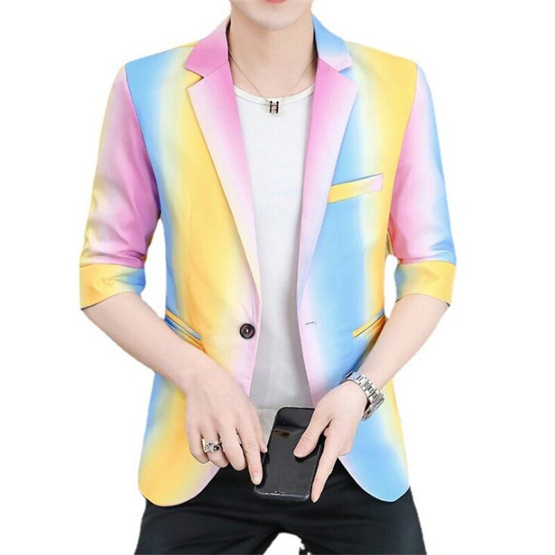 Gradient Tie Dye Rainbow Harajuku Casual Suit for Men Summer Short Sleeve Blazer Suit Jacket Korean Business Casual Coat