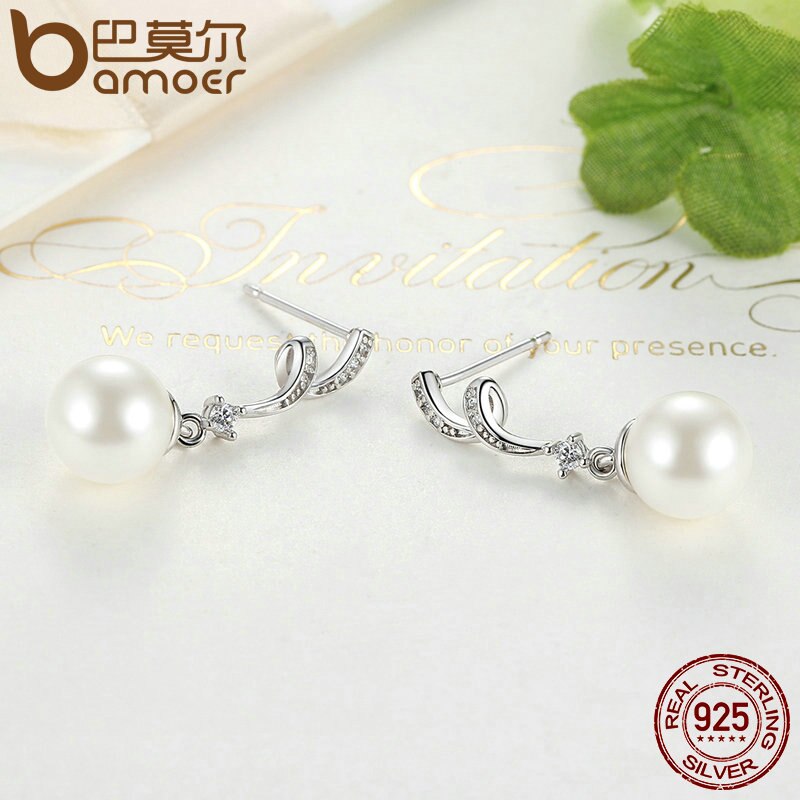 BAMOER Unique 100% 925 en argent Sterling simulé perle et vague boucles d'oreilles femmes bijoux de SCE035