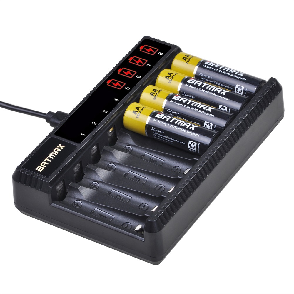 1.2v nimh aa batteri aa aaa oppladbart batteri  + 8- spor lader til lommelykter, fjernkontroller, lekebatteri