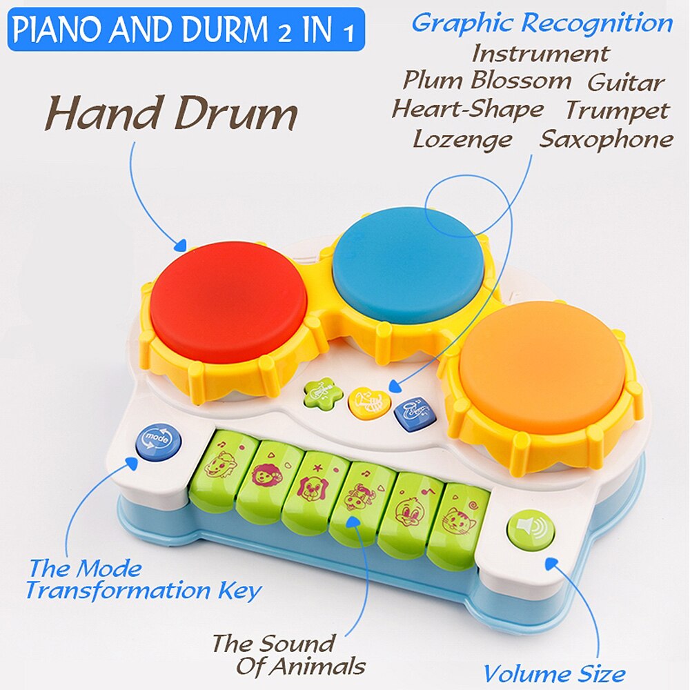 Tambor de Piano con teclado Musical 2 en 1 para bebé, Juguete Musical con música y luces, Desarrollo Educativo Temprano Infantil, juguetes para niños