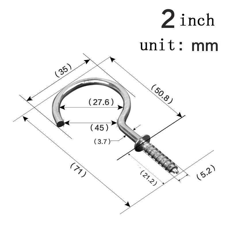 Nickel-plated metal ceiling hook, screw hook, cup hook, hanging cap nail, hanger, ，8 different sizes: 50pcs-71mm