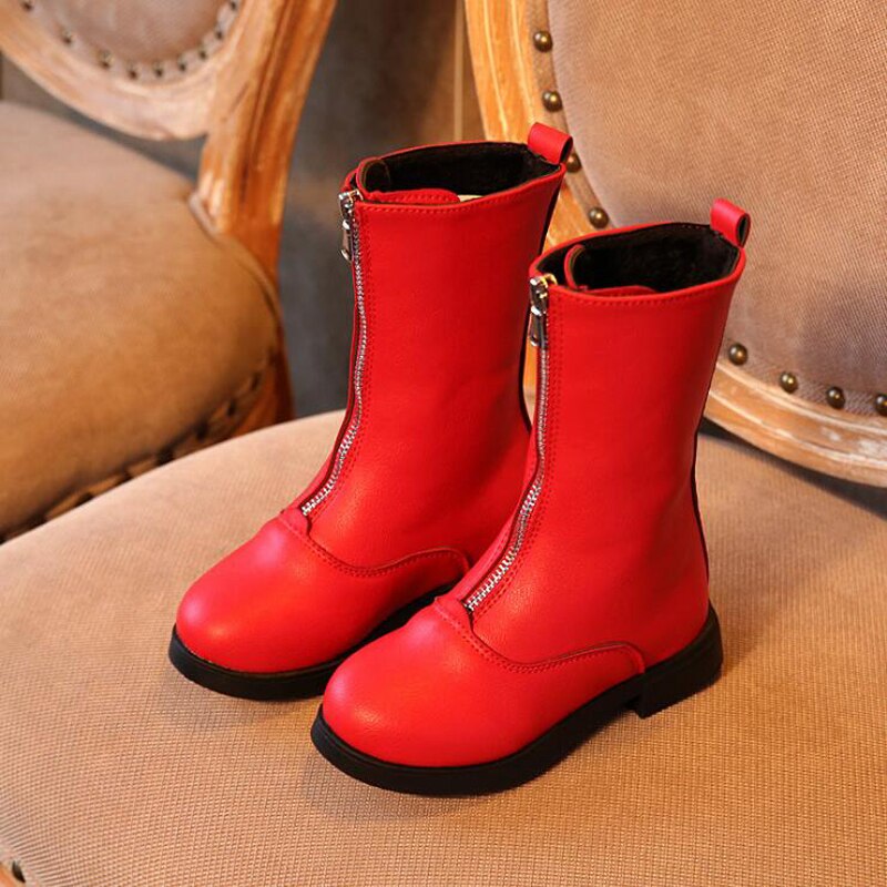 Winter Herfst Kinderen Meisjes Leren Laarzen Kinderen Martin Laarzen Zwart Rood Mode Boot Mid-Kalf Met Rits SH036
