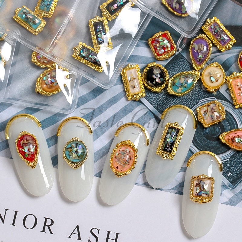 1 Pack Multi-Vormige 3d Nail Art Decoraties Charmes Nagels Glitter Shell Amber Acryl Legering Omrande Nail Levert Gereedschap sieraden