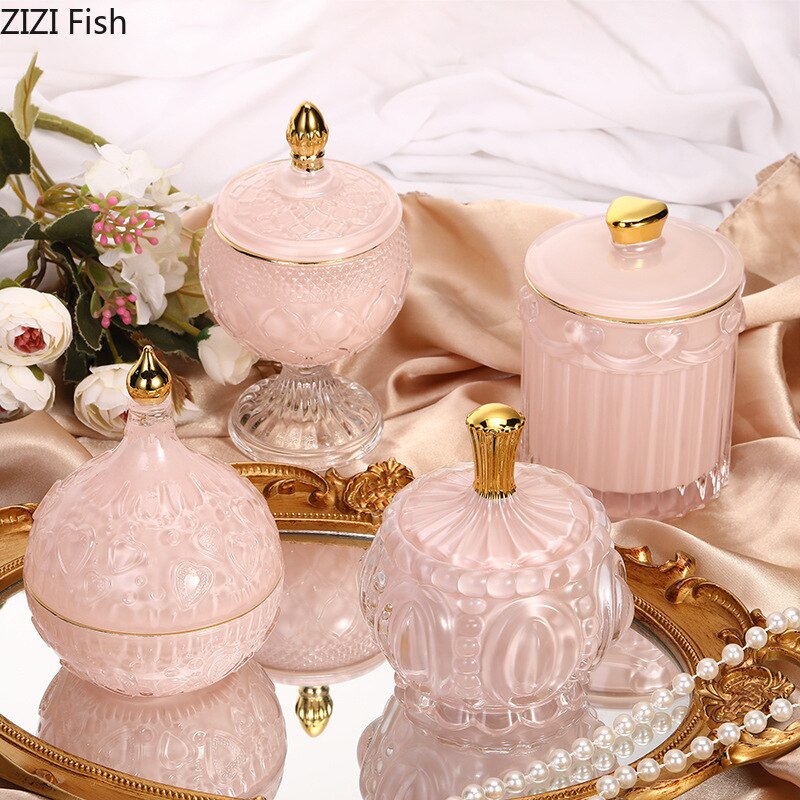 Pink Relief Glass Jars and Lids Dressing Table Jewelry Dish Cosmetic Containers Transparent Crystal Storage Jars Candy Pots
