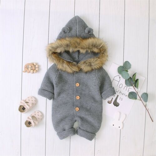 Winter Warme Wolle Stricken Strampler Neugeborene Jungen Mädchen Stricken Kapuzen Overall Outfits Winter Baby Kleidung: Grau / 6m