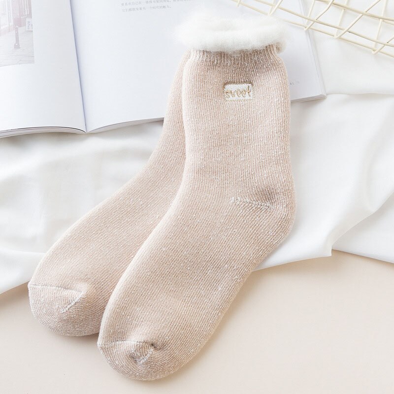 Plus Velvet Thick Wool Socks Women Winter Warm Cotton Inner Socks Candy Color Casual Fluffy Home Floor Socks Sokken: khaki style 1