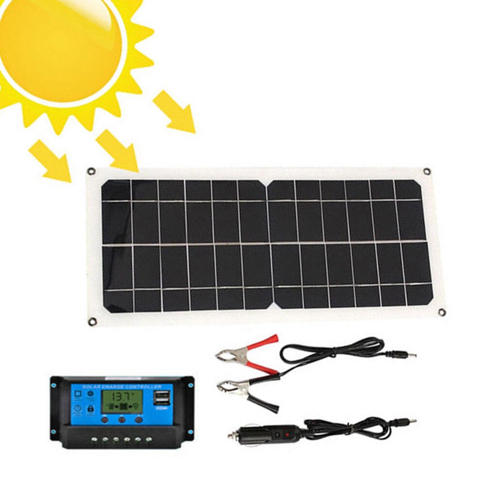 Car EVA + PET Monocrystaline Solar Panel USB DCs Output Charger Kit with 10A Solar Controller Cables IP65 Waterproof 4x Eyelet