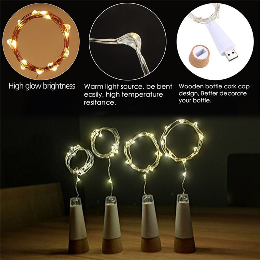 Luces de botella de corcho USB de 20 Leds, luces LED estrelladas de cadena de alambre de cobre recargable alimentadas por USB para decoración de de boda DIY