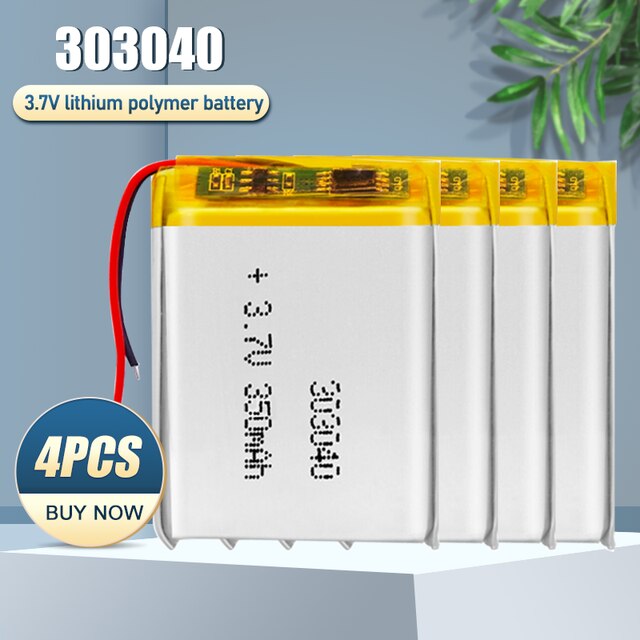Batería recargable de polímero de litio para auriculares, 303040, 033040, 3,7 V, 350mAh, MP4, LED, Bluetooth, bolígrafo de lectura, podómetro, celda de iones de litio: 4PCS