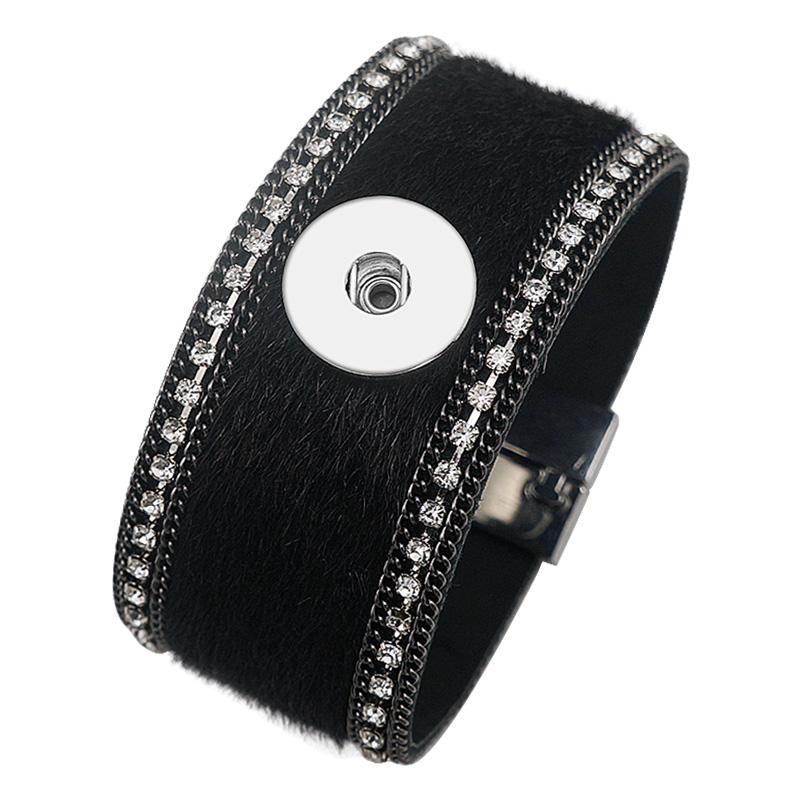 Se0205 rhinestone hestehår multi-farve læder armbånd tryk armbånd magnet spænde pasform 18mm tryk knapper tryk smykker: Sort