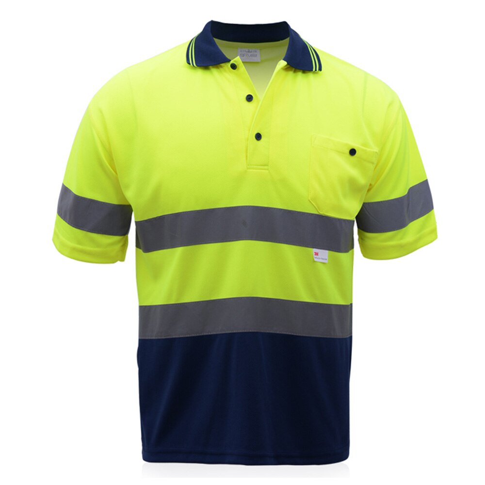 Camiseta de seguridad de alta visibilidad, camisa de manga corta para hombre con cuello de costilla, tira reflectante de 3M, Amarillo Neón Navy ANSI/ISEA EN20471: M