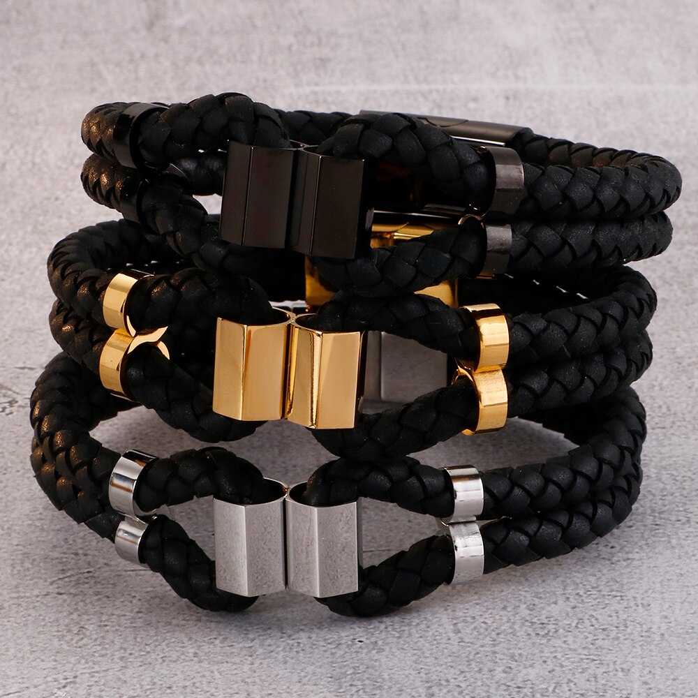 Brazaletes de cuero trenzado de doble capa para hombre brazalete Heren con cierre magnético pulsera para hombre Oro Negro S. Gota de acero