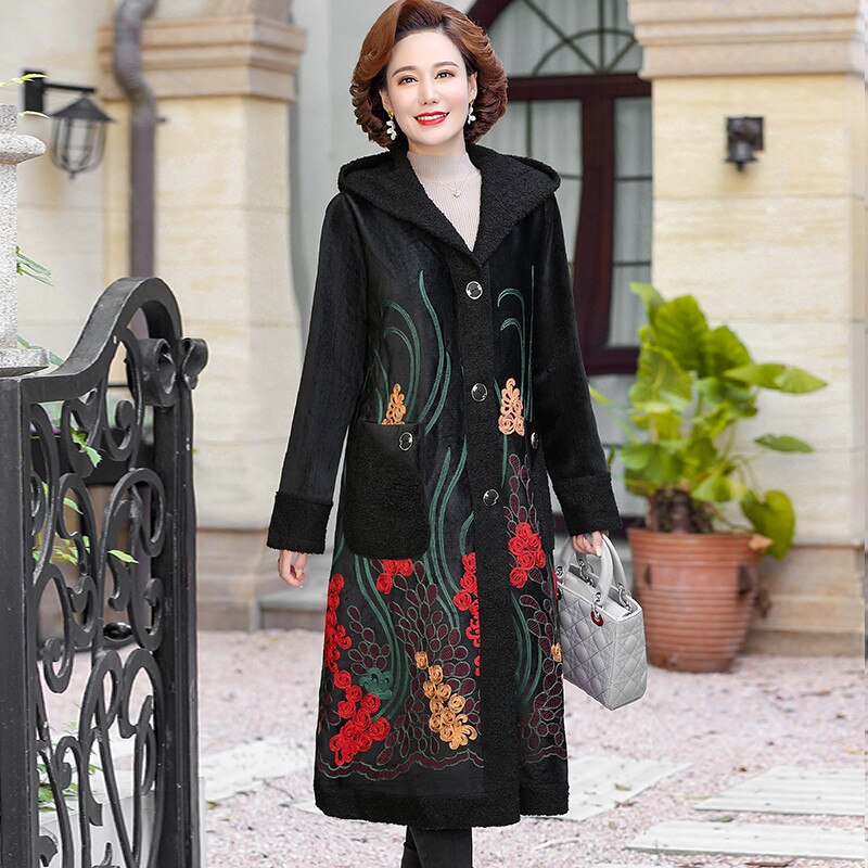 Gabardina larga con capucha para mujer, chaqueta gruesa de felpa aterciopelada con bordado de flores, estilo retro, otoño e invierno,