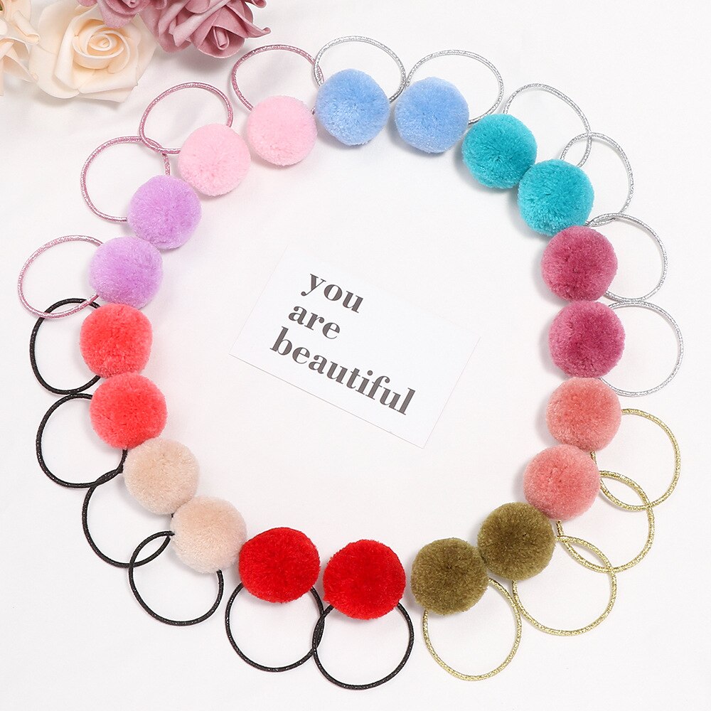 2 Stuks Leuke Baby Kleurrijke Pompoms Haarbanden Elastische Haar Ring Voor Meisjes Haar Tie Touw Kids Hoofddeksels Baby haar Accessoires