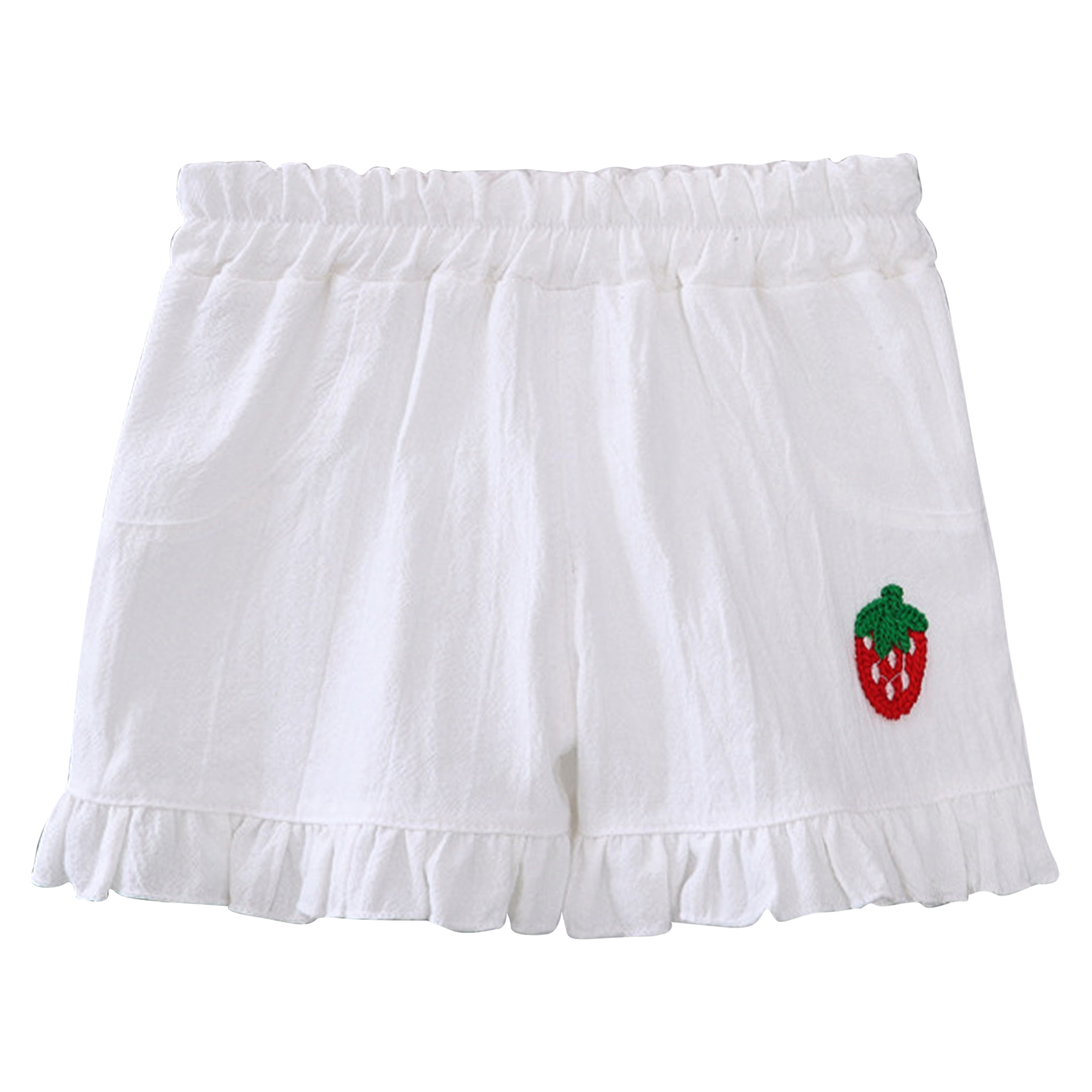 Short à volants pour filles, mignon, décor fraise, taille élastique, garniture à volants, couleur unie, vêtements d'extérieur, pantalons en coton pour un usage quotidien: White Strawberry / 110