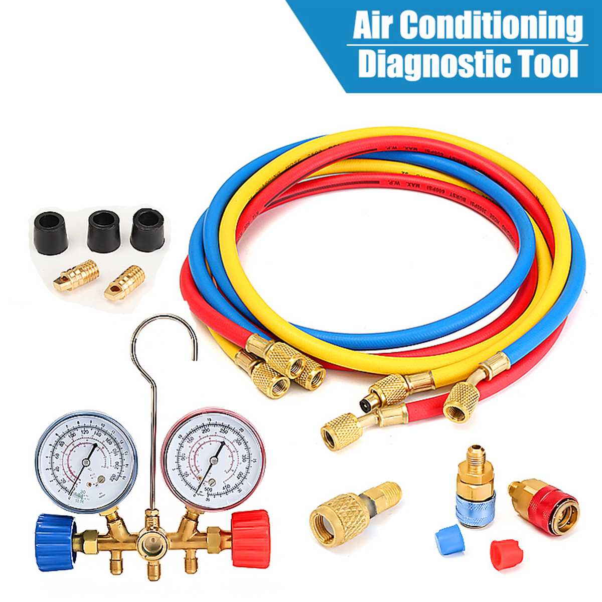 HVAC Manifold Gauge Set High/Low Quick Coupler Hose Fitting Tools Set A/C Refrigeration Kit for R134A R22 R12 Refrigerant