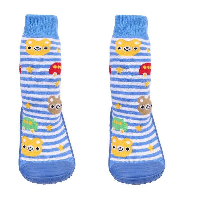 Calcetines antideslizantes para recién nacidos, con suelas de goma para niños, zapatos para niños pequeños, calcetines de algodón para primeros pasos para bebé, niño y niña: Color Strip Car / 12 meses
