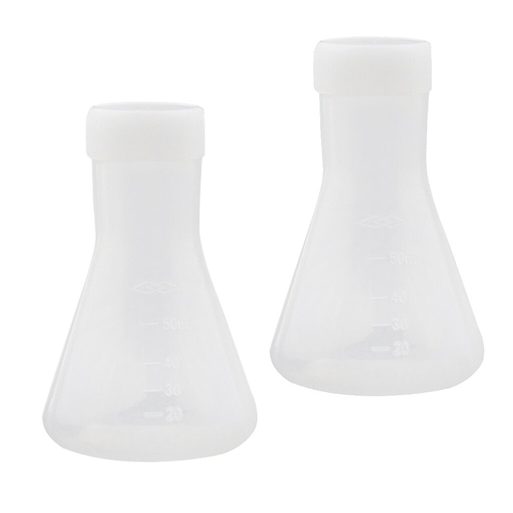 2 piezas 50ml Lab graduado matraz Erlenmeyer de plástico cónico con tapa, medición, pared engrosada lisa