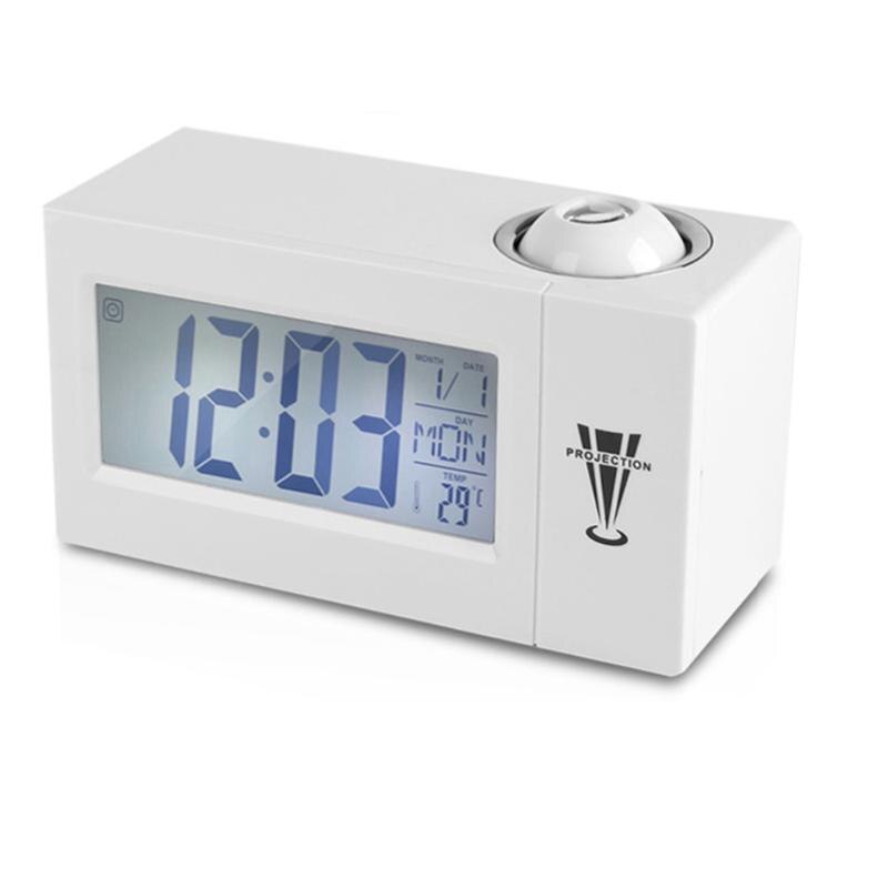 Lcd Screen Digital Led Projection Alarm Clock Calendar Temperature Humidity Wake Up Snooze Function Table Desk Clock Night Lig: White