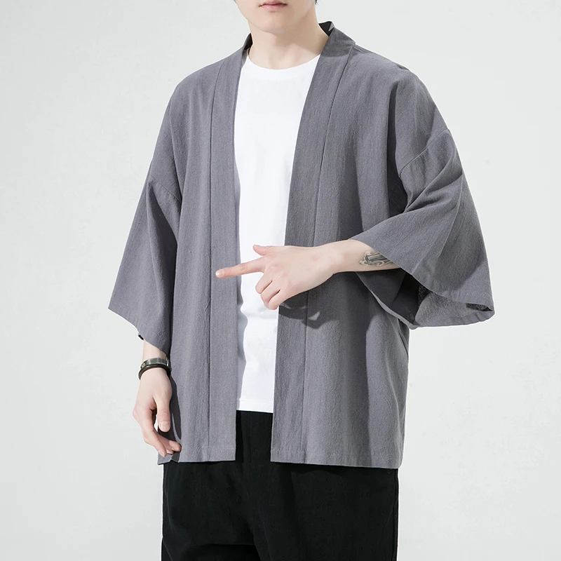 Cárdigan tipo kimono japonés de para hombre, cárdigan holgado de lino y algodón con manga 3/4, chaqueta informal de verano