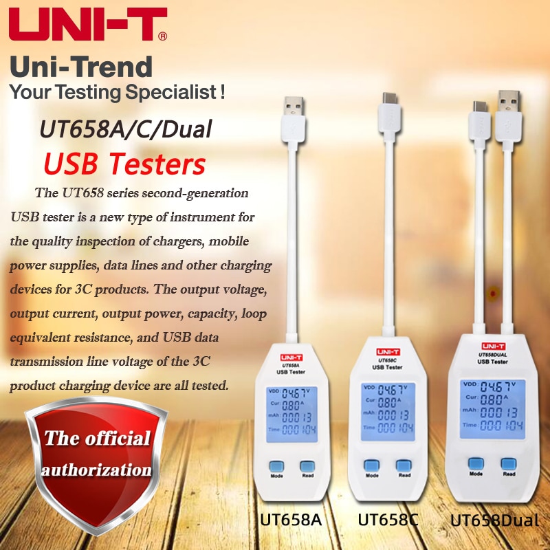 UNI-T UT658A/UT658C/UT658Dual USB Tester; Charger/Mobile Power/Data Cable/Mobile Phone/Charging Equipment Tester