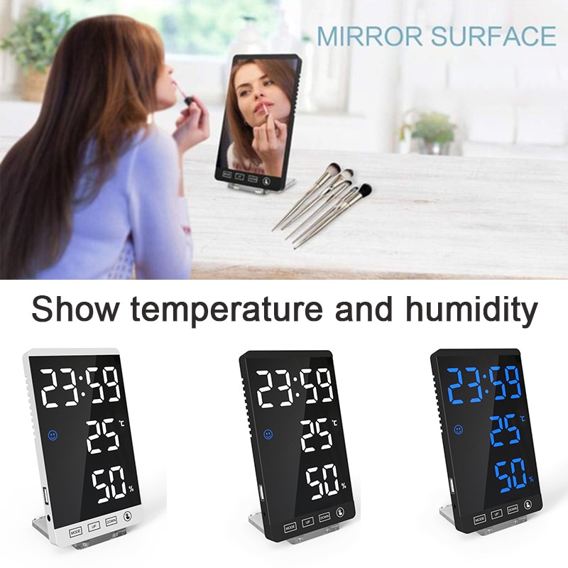 Reloj despertador Digital, estación meteorológica con termómetro, higrómetro de humedad, pantalla de espejo para mesita de noche