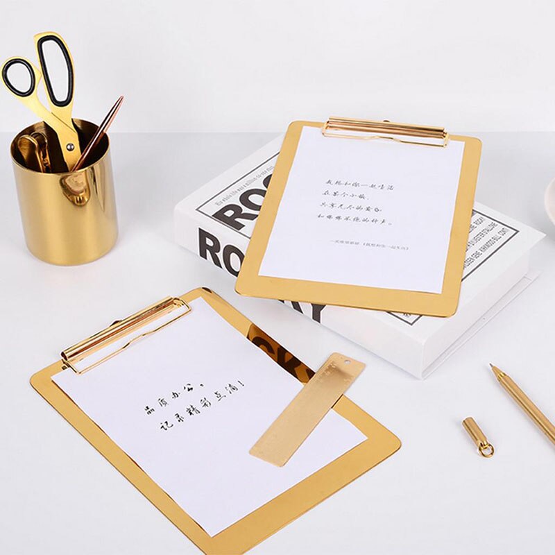 Gold Metal Writing Sheet Pad Clipboard Menu Data File Storage Folder for Office Restaurant Hotel Home