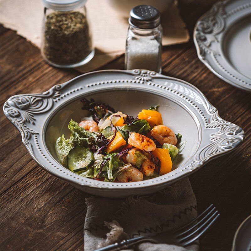 European Style Flat Plate Western Steak Plate Embossed Dinnerware Set Christmas Salad Bowl Pure White Tray Bone China Dinner Set