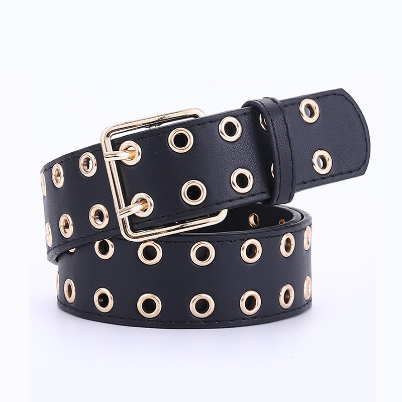 Gold Metal Double Pin Buckle Chain Women Belt PU Leather Punk Luxury Brand Waist Strap Belts for Jeans: 3.6cm black no chain