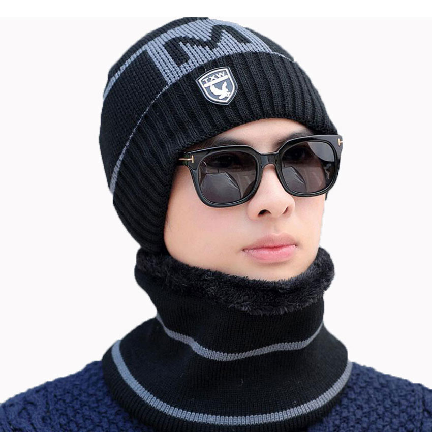 Varm vinter mænd hat tørklæde til uld kvinder hætter og tørklæder stribe brev strikkede beanies cap 2 stk sæt mandlige skullies maske motorhjelm