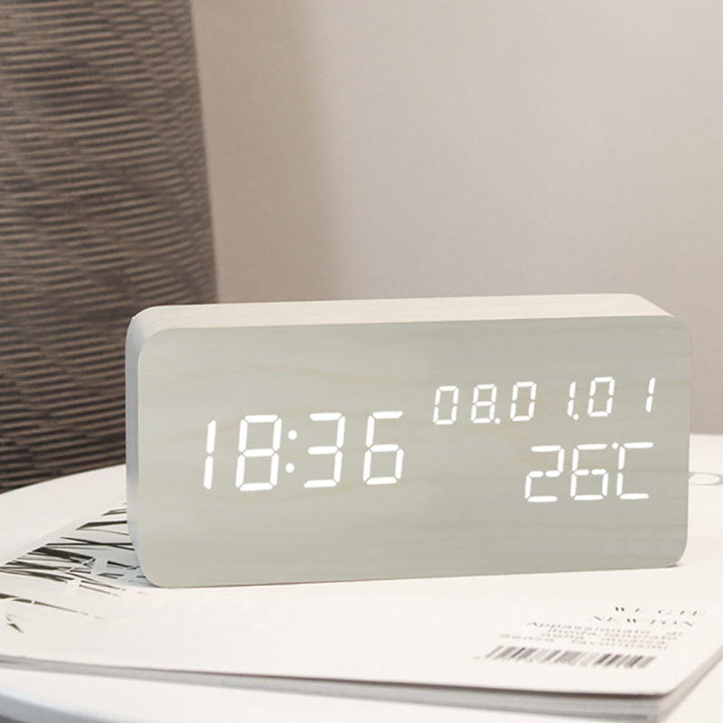 Wooden Snooze Table Digital Clock Bedroom Desk Electronic Clock with Date/Time/Week/Temperature Display Rectangle White Light: white