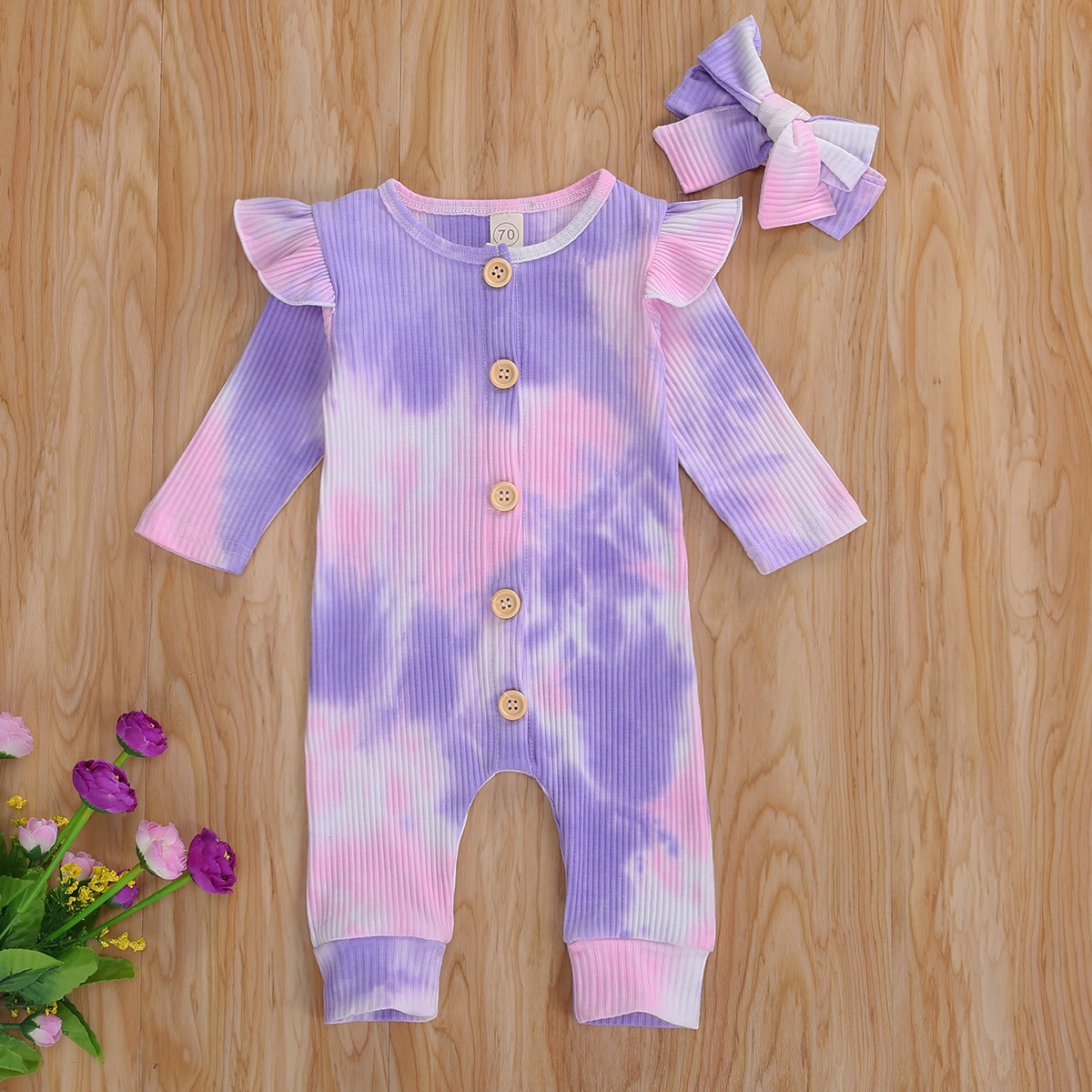 Mise au point 0-18M automne bébé filles garçons cravate-teinture barboteuses 2 couleurs à manches longues simple boutonnage combinaisons bandeau