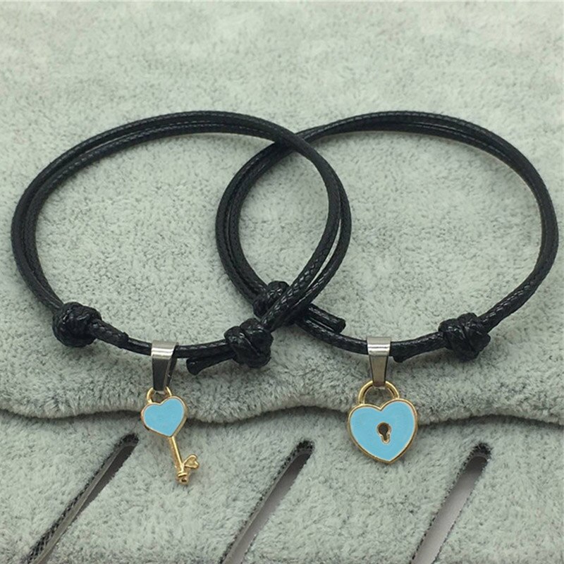 2 unids/lote , pulsera de pareja, llave de aleación, candado de corazón, pulsera, joyería hecha a mano, pulsera de cuerda, para amantes de las mujeres: 1