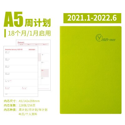 A5 5.5x8.3inch Soft Leather Agenda .1-2022.6 18 Months Planner Notebook Daily Weekly Monthly Plan Diary Journal Notebook: Green