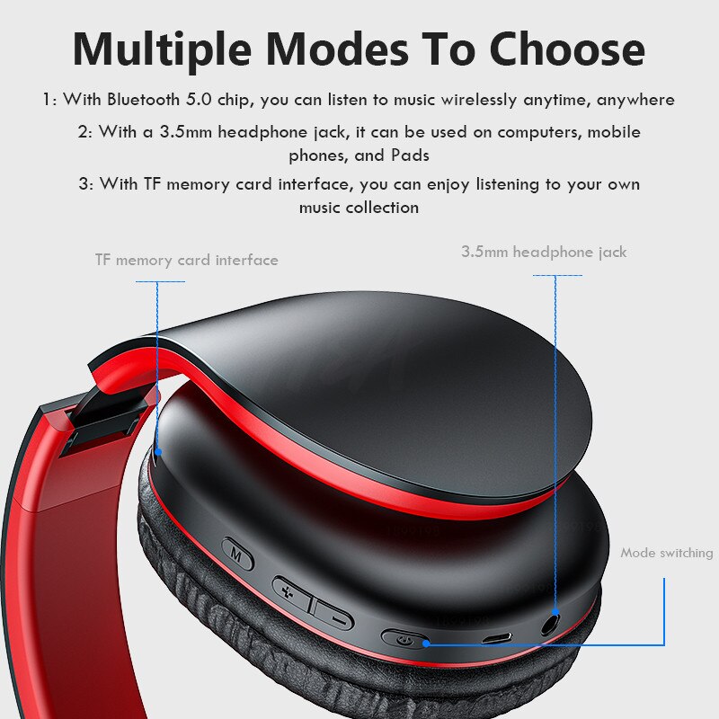 HiFi Stereo Bluetooth Headphone with Mic Foldable Wireless Headset Gaming Earphone for Phone Tablet Support FM Radio and TF Card