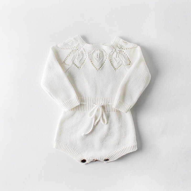 Babymeisje gebreide holle stijl effen strik decor lange mouw romper tops baby baby jongen romper baby jumpsuit onesie overalls: Wit / 6m