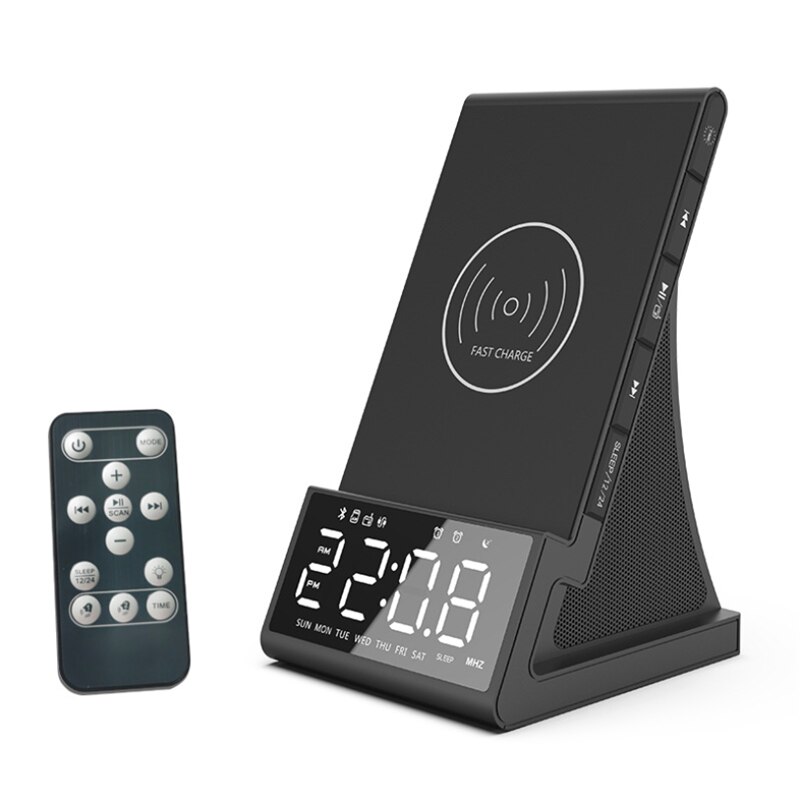 4 In 1 Digitale Wekker Snelle 10W Draadloze Oplader Fm Radio Bluetooth Speakers Muziekspeler Voor Slaapkamer Met afstandsbediening
