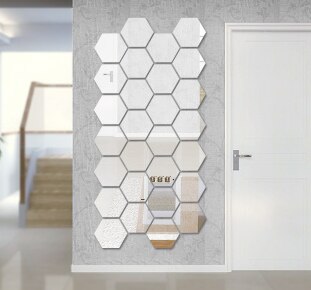 Espejo hexagonal 3D geométrico para decoración del hogar, pegatina de pared para agrandar la sala de estar, seguridad extraíble, 4 tamaños, 12 Uds.: Plata / 126x110x63mm